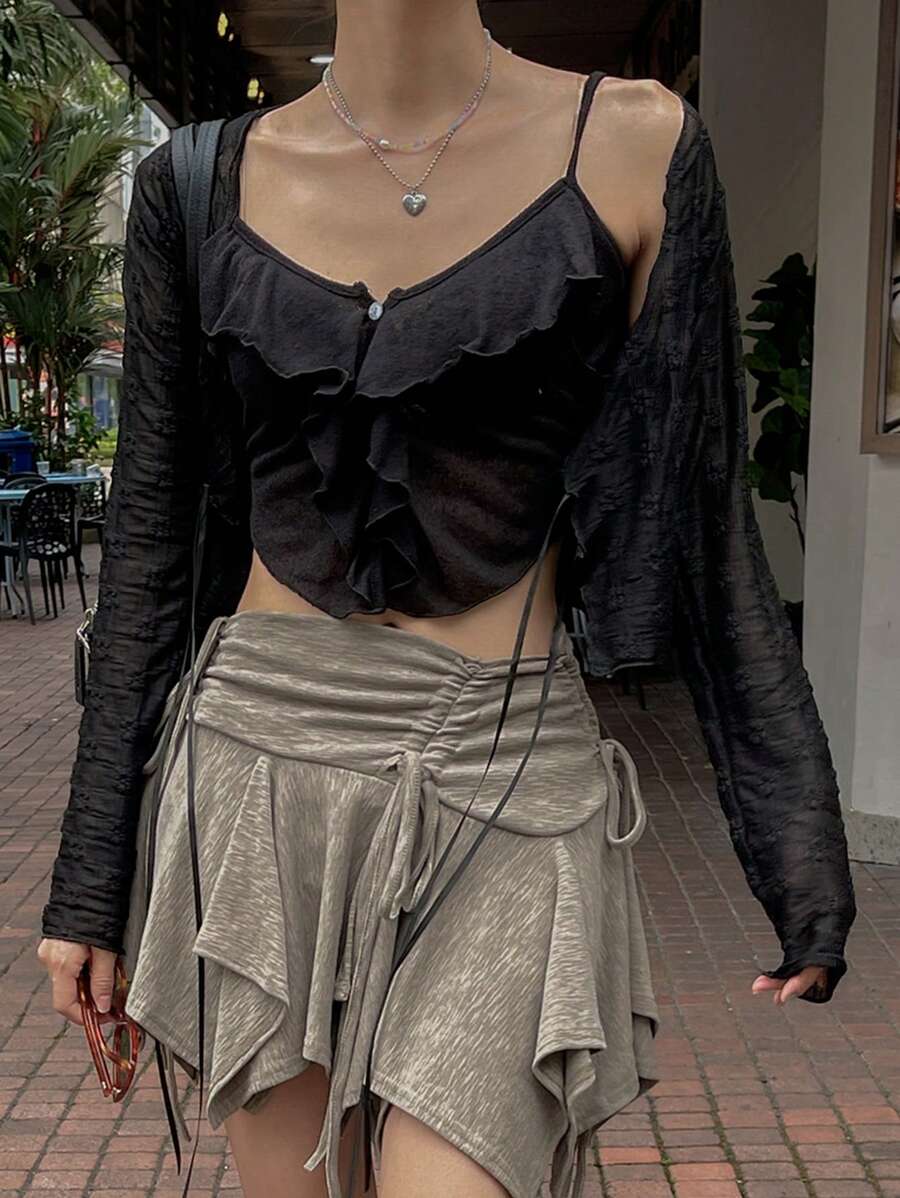 DAZY 两件套女士荷叶边吊带露脐上衣套装，春夏亚麻材质，秋季女士家居服套装 - 黑色 - 查看 1