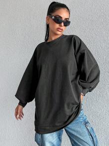 Cloudara 100%Cotton Solid Drop Shoulder Sweatshirt Dress - Dark Grey - View 3