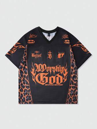 Prep T-shirt de baseball à manches courtes avec imprimé léopard, streetwear pour hommes. Tee de sport avec panneaux en tissu maille, pour l'été