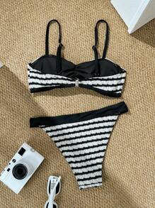 Women 2pcs Striped Jacquard Fabric Spaghetti Strap Ruched Sexy Bikini Set Summer - Black and White - View 2