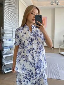SHEIN Leap Crew 少女复古花卉 V 领前开短袖直腿睡衣套装，2 件舒适休闲睡衣 - 藍白色 - 查看 7