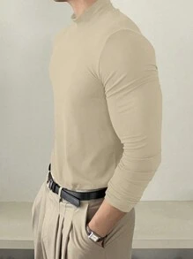 DAZY 男士纯色拉绒领长袖休闲T恤，秋季 - 卡其色 - 查看 4