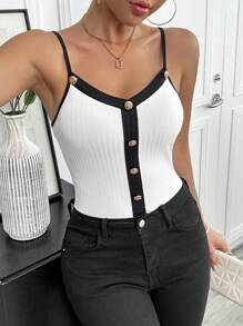 SHEIN Unity Áo yếm kim loại tương phản có gân đơn giản dành cho nữ - trắng - Xem 1