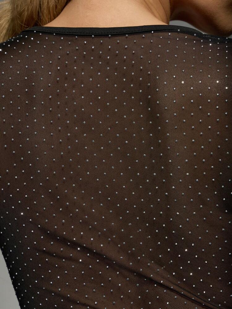 MISSGUIDED Crystal Embellished Mesh Crop Top With Long Sleeves