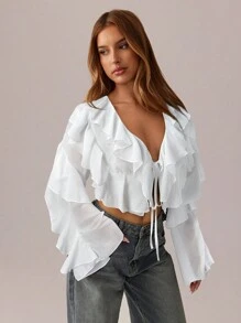 SHEIN SXY Áo trắng lãng mạn; Quần áo nữ đi nghỉ xuân hè; Áo crop top; Quần áo lễ hội, tiệc tùng, áo sơ mi dài tay gợi cảm cổ chữ V sâu, dây đeo lá sen xuyên thấu dành cho nữ - trắng - Xem 3