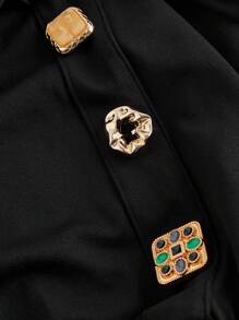 SHEIN MOD 黑色金属纽扣缎面露肩长裙，适合约会、聚会、节日