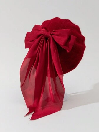 Kawaii 1pc Women's Long Bow Beret Hat, Minimalist And Versatile