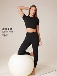 GLOWMODE 2 Pieces 24" FeatherFit™ Freedom Activewear  Short Sleeves Tee & Leggings Set With Hidden Front Pocket Low Impact Yoga Pilates Daily - Black - View 1