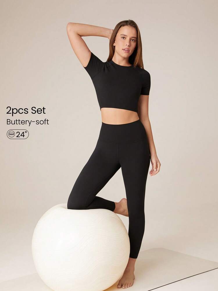 2 Pieces 24" FeatherFit™ Freedom Activewear  Short Sleeves Tee & Leggings Set With Hidden Front Pocket Low Impact Yoga Pilates Daily