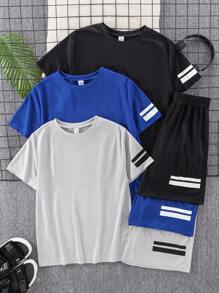 SHEIN 6pcs Teen Boys Casual Short Sleeve T-Shirt And Shorts Set, Sports Outfit, Street Style, Punk Rock, Academy, Daily Casual, Outdoor Party, Music Festival, Suitable For Spring/Summer, Blue, Black, Gray, School, Campus, College