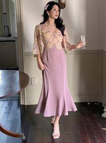 DAZY Middle & Long Ruched Square Collar Fish Tail Hem Patchwork Dress For Women, Suitable For Dates And Nights Out,Fall Dress Long Sleeve Dress Floral - Purple - View 5