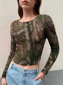 SHEIN EZwear Women's Casual Branch Print Fitted Cropped T-Shirt - Army Green - View 3