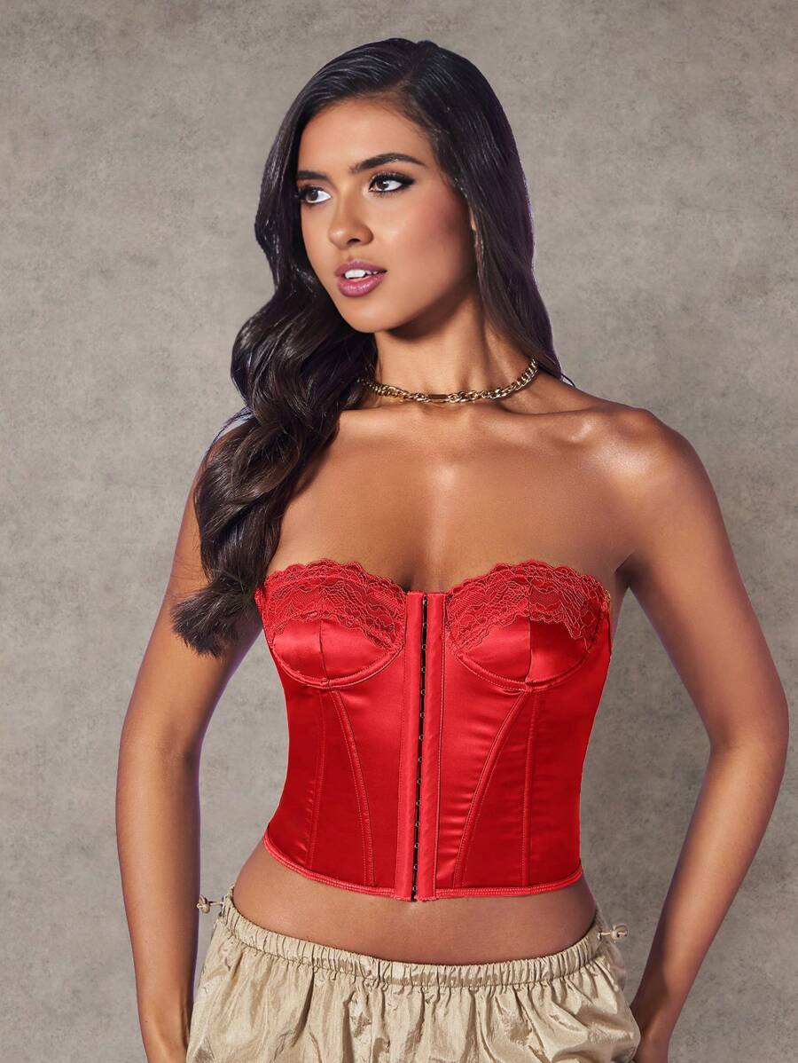 SHEIN BAE Lace Patchwork Women's Bustier Top With Button Fastening - Red - View 1