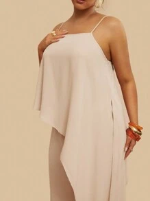 Travachic Plus Size Casual Vacation Solid Color Camisole With Asymmetric Hem Top And Wide Leg Pants Set - Apricot - View 3