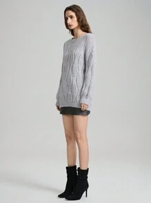 Ontre 女士圆领长袖毛衣，含 8% 羊绒，灰色，带扭花图案，粗针织圆领套头毛衣，情人节春季服装 - 灰色 - 查看 2