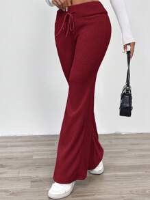 SHEIN EZwear Casual Solid Color Knitted Low Waist Flare Leg Fitted Pants For Women