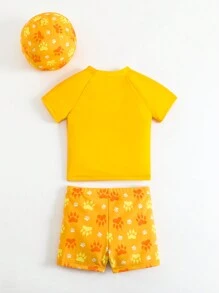SHEIN Baby Boy Cartoon Lion Print Round Neck Raglan Sleeve Top And Shorts Swimming Trunks 2 Pieces Swimsuit Set - Yellow - View 2