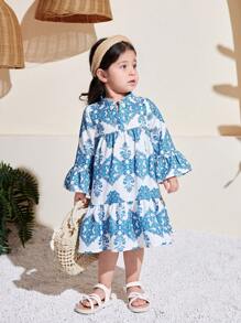 SHEIN Cute Floral Print Long Sleeve Dress For Girls, Spring/Summer - Blue and White - View 7