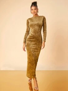 Hauture Women Clothes, Elegant Reversible Front Lace-Up Khaki Velvet Long Sleeve Maxi Dress, Party Women Dresses, Elegant Women Dresses, Prom Dress, Wedding Dress, Valentine's Day Dress, Formal Dress. For Date Night, Concerts, Performances, Wedding, Parties, Clubs, Evening - Dark Green - View 3