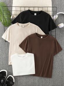 4pcs/Set Tween Boy's Casual Solid Color Crew Neck Short Sleeve T-Shirts, Multi-Pack Suitable For Commuting, Studying, Daily Casual Wear, Sports, Spring/Summer
