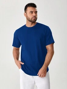 Manfinity VCAY Plus Size Solid Color Knitted Short Sleeve T-Shirt, Simple Fashionable Casual Everyday Wear - Blue - View 1
