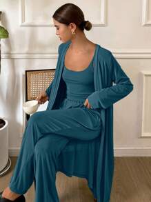 DAZY 3pcs Minimalist Camisole, Cardigan And Pajama Pants Leisurewear Sets For Women, Spring