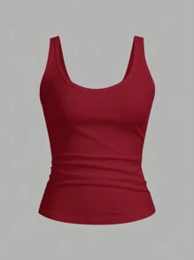 SHEIN PETITE Top camisero informal y versátil de color blanco con cuello en U profundo y espalda de tirantes