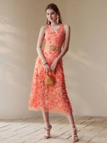 MOTF PREMIUM APPLIQUES FLORAL EMBROIDERY DRESS - Orange - View 6
