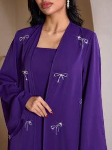 Modelyn Women's Rhinestone Bow Long Sleeve Robe Modest Abaya & Halter Neck Dress Arabic Clothing Set