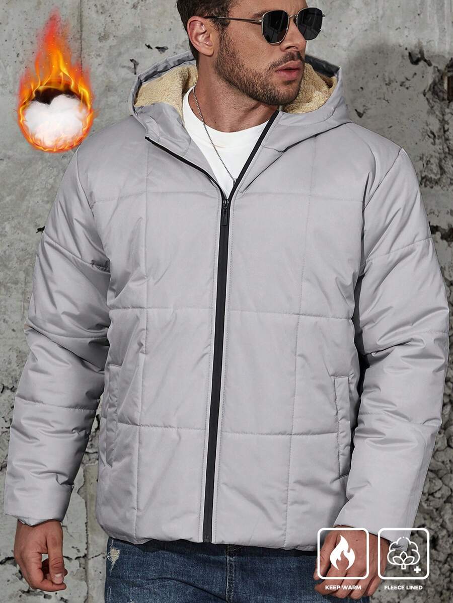 Manfinity Homme Men's Plus Size Casual Solid Color Thermal Lined Hooded Winter Jacket - Light Grey - View 1