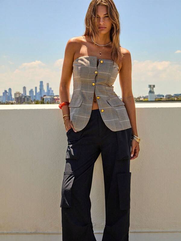 Aralina Button-Up Tweed Strapless Holiday Longline Suit Vest