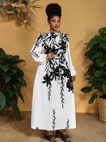 Slaydiva Vestido elegante de talla grande para mujer con estampado floral, cuello con volantes y mangas farol