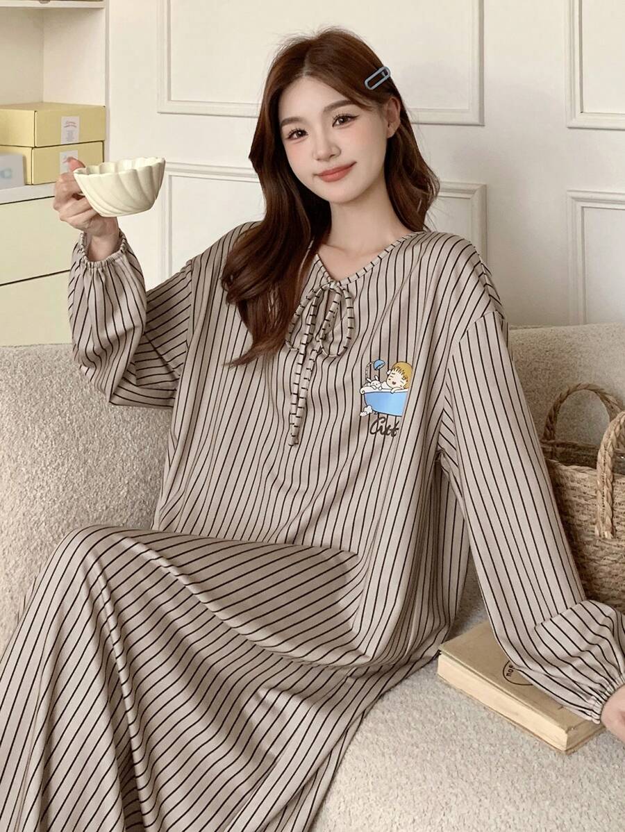 DAZY Loose Long Sleeve Cartoon & Striped Print Nightdress, Women Spring Pajama - Coffee Brown - View 1