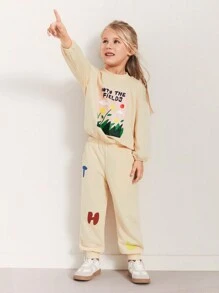 THE HAPPY LOOK Young Girls Graphic Print Crew Neck Drop Shoulder Apricot Sweatshirts, Casual Daily Wear