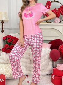 SHEIN Conjunto de pijama de 2 piezas con corazones de cereza y cuadros para mujer - Multicolor - Ver 5