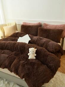 3pcs Coffee Brown Plush Shaggy Fleece Duvet Cover Set, Soft Warm Faux Fur And Skin-Friendly Duvet Cover Set, With Zippered Comforter Cover, Luxurious Solid Color Design For Bedroom And Guest Room, Easy Care And Maintenance, Hypoallergenic, And Durable, King Queen Full Twin Size Bed, 1 Duvet Cover And 2 Pillowcases