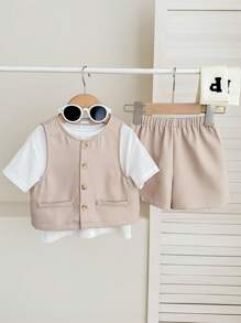 SHEIN Bộ 3 áo thun cổ tròn tay ngắn màu mơ cho bé trai/bé gái, áo ba lỗ không tay và quần short cạp chun, phong cách Hàn Quốc thường ngày, thích hợp cho tiệc sinh nhật, lễ rửa tội, lễ kỷ niệm sinh nhật lần thứ 1, tiệc tối, biểu diễn, đám cưới và các dịp khác - Màu Khaki - Xem 4