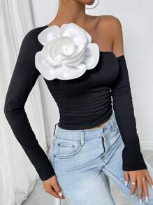 Chiquease 1 pieza Blusa informal de un hombro con decoración de flor 3D, adecuada para uso en exteriores y en el hogar