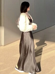 DAZY Women Satin Fitted Fishtail Maxi Slip Dress, Spring/Summer Backless/ Open Back - Black - View 3