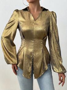 SHEIN LUNE Gold Long Sleeve Waist Cinched Front Slit Women's Shirt Fall Cloth For Women - Gold - View 7