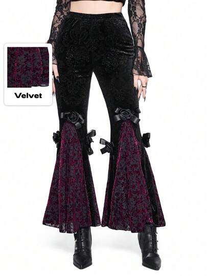 Goth Pantalon évasé en velours avec patchwork en relief 3D de roses, style gothique vintage, palace luxueux et romantique aux tons sombres