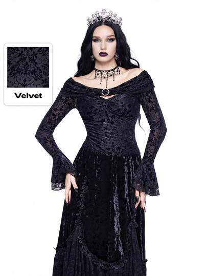 Goth Blusa de terciopelo con diseño quemado, de hombros descubiertos, volantes y estilo vintage romántico tipo palacio gótico