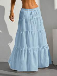 SHEIN EZwear 女士纯色前系带褶饰简约 A 字裙，休闲日常穿着 - 藍色 - 查看 5