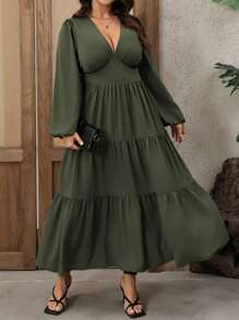 SHEIN LUNE Plus Size Women's V-Neck Lantern Sleeve Layered Hem Long Dress, Casual Commuting Vacation Wear, Spring/Autumn/Winter