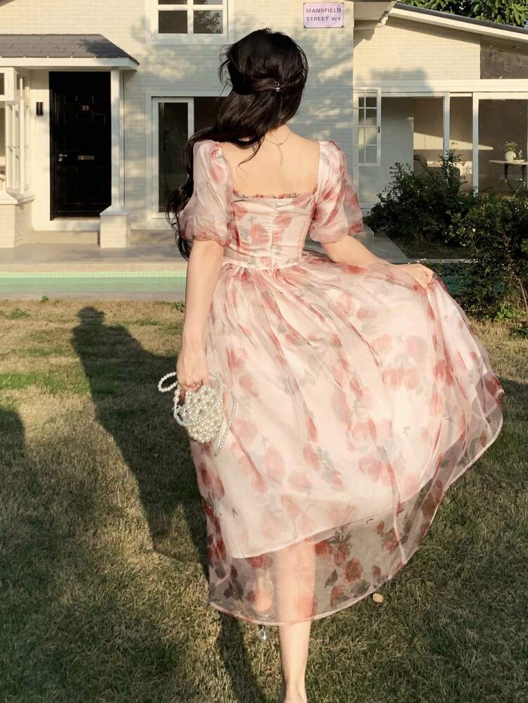 V-Neck Pleated Floral Midi Dress For Women, Valentine's Day Sundress Vacation Outfits Women