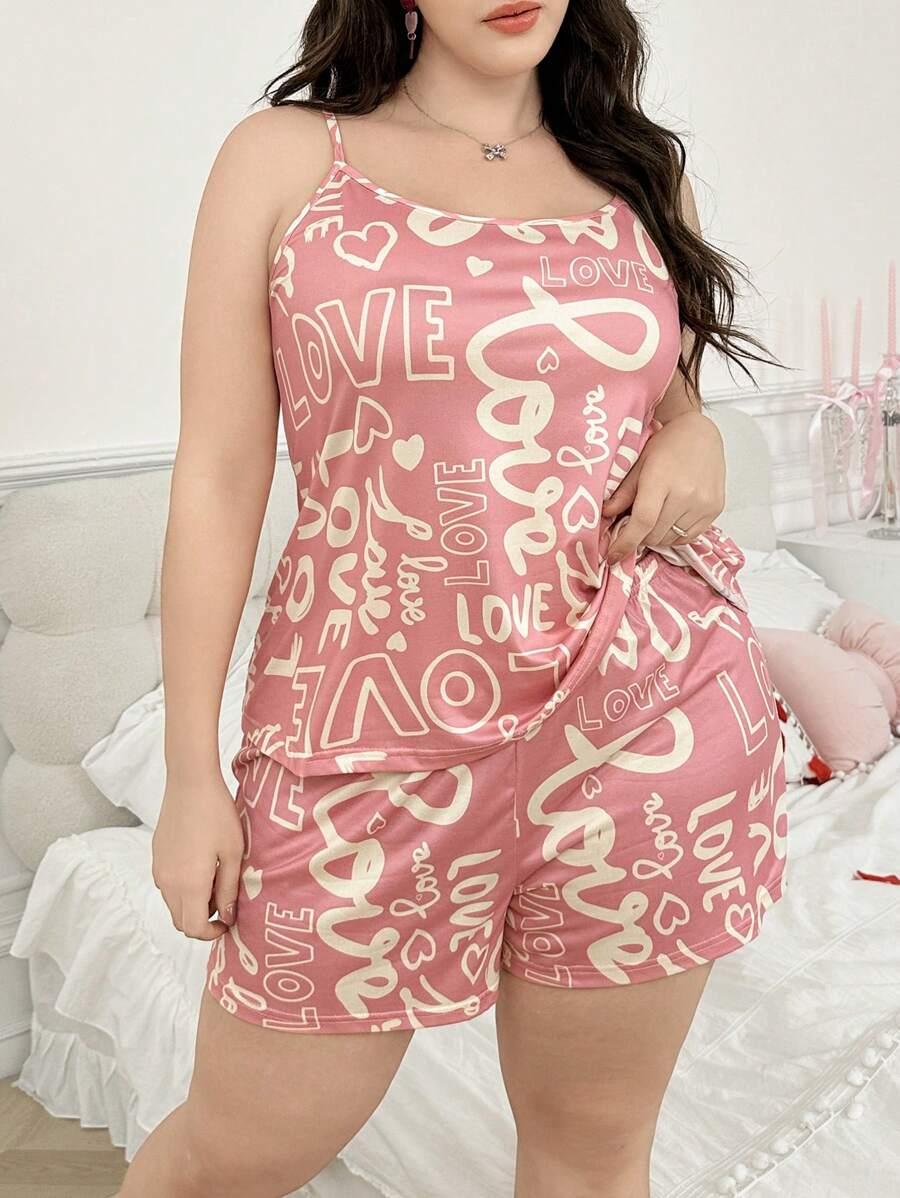 SHEIN Set Piyama Camisole & Celana Pendek Rajut Nyaman dengan Motif Huruf - Berwarna merah muda - View 1