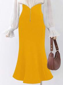 SHEIN Clasi 大码女式优雅针织高腰紧身美人鱼裙，带拉链的长裙 - 黃色 - 查看 1