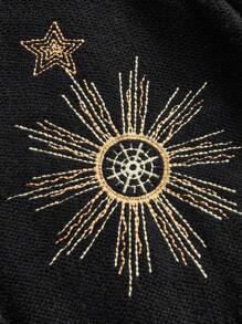 ROMWE Hippie Plus Size Women Mysterious Witch Style Sun & Moon Embroidery Cardigan, For Winter - Black - View 4