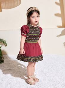 SHEIN Baby Girls Cute Geometric Print Short Sleeve Top And Skirt 2 Pieces Set, Summer Vacation - Multicolor - View 4
