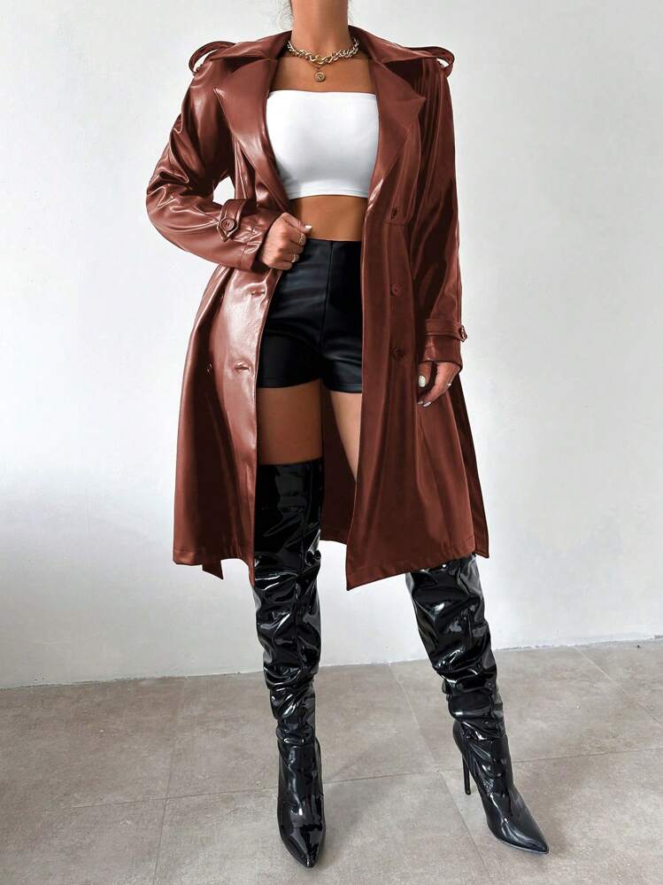 VaVaBold Pu Notched Collar Long Trench Coat Fall Winter Cloth For